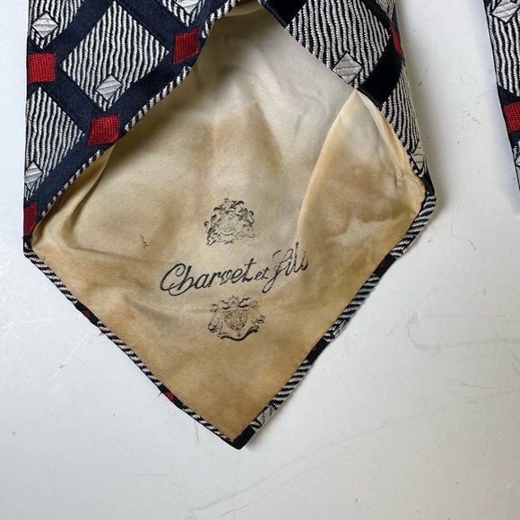 Vintage Charvet et Fils Wide Geometric Lined Cross Hatch Repp Tie Blue Red - Picture 5 of 7